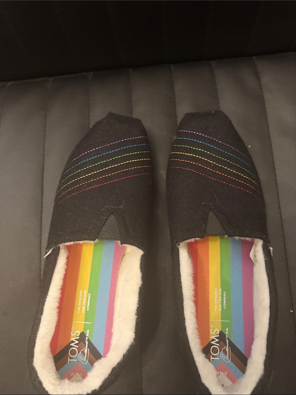TOMS Women Black Slip-Ons with Rainbow Stitching